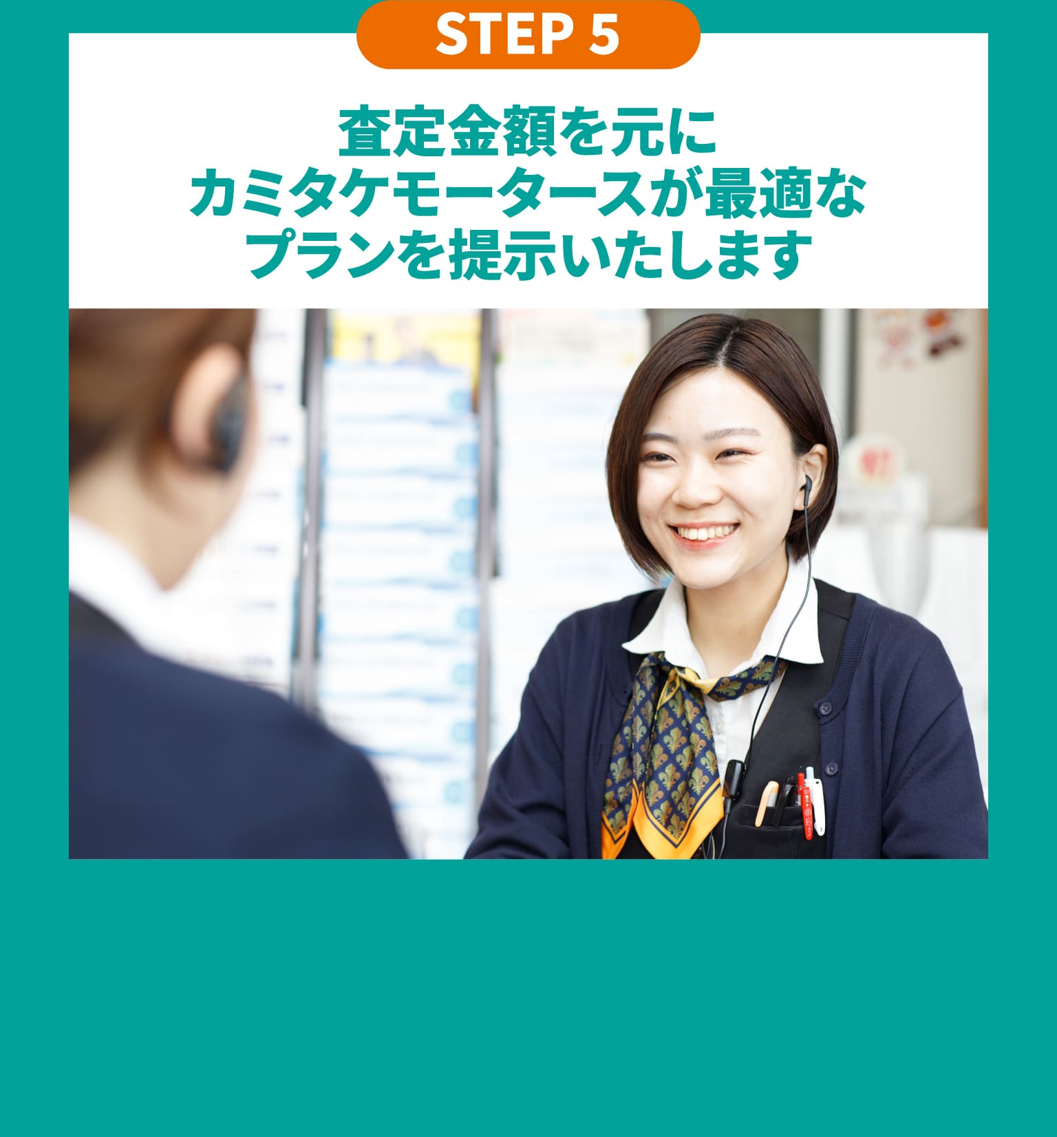 STEP5　査定金額を元にカミタケモータースが最適なプランを提示いたします