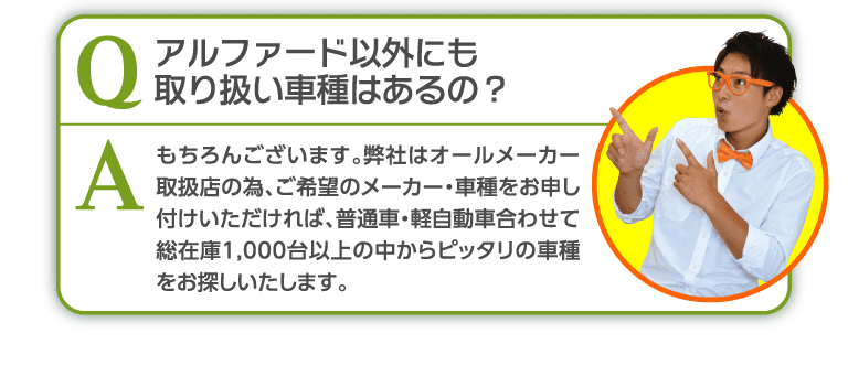 アルファード以外にも取り扱い車種はあるの？もちろんございます。弊社はオールメーカー取扱店の為、総在庫1000台以上の中からピッタリの車種をお探しいたします。