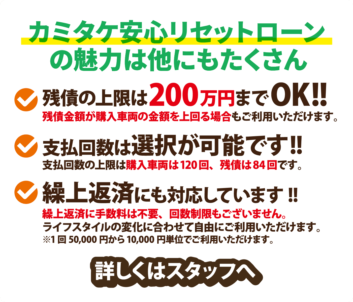 カミタケ安心リセットローンの魅力は他にもたくさん 残債の上限は200万円までOK!! 残債金額が購入車両の金額を上回る場合もご利用いただけます。 支払回数は選択が可能です!! 支払回数の上限は購入車両は120回、残債は84回です。 繰上返済にも対応しています!! 繰上返済に手数料は不要、回数制限もございません。ライフスタイルの変化に合わせて自由にご利用いただけます。※1回50,000円から10,000円単位でご利用いただけます。 詳しくはスタッフへ