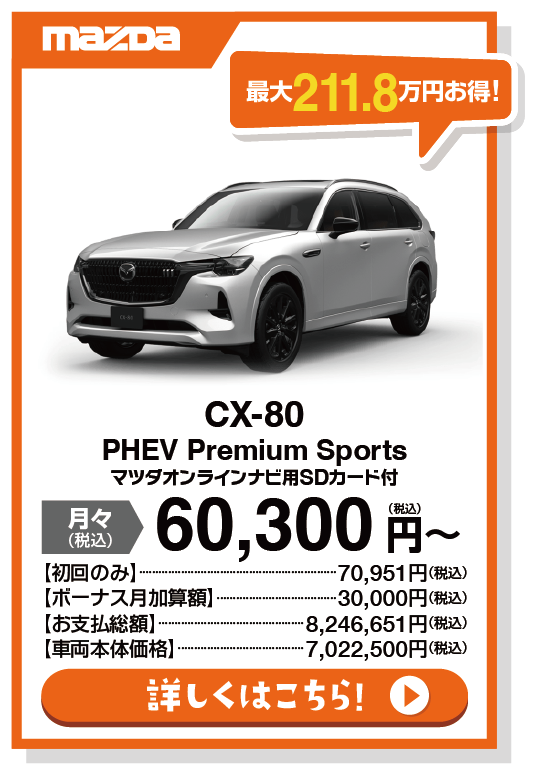 CX-80 PHEV Premium Sports　ﾏﾂﾀﾞｵﾝﾗｲﾝﾅﾋﾞ用SDｶｰﾄﾞ付