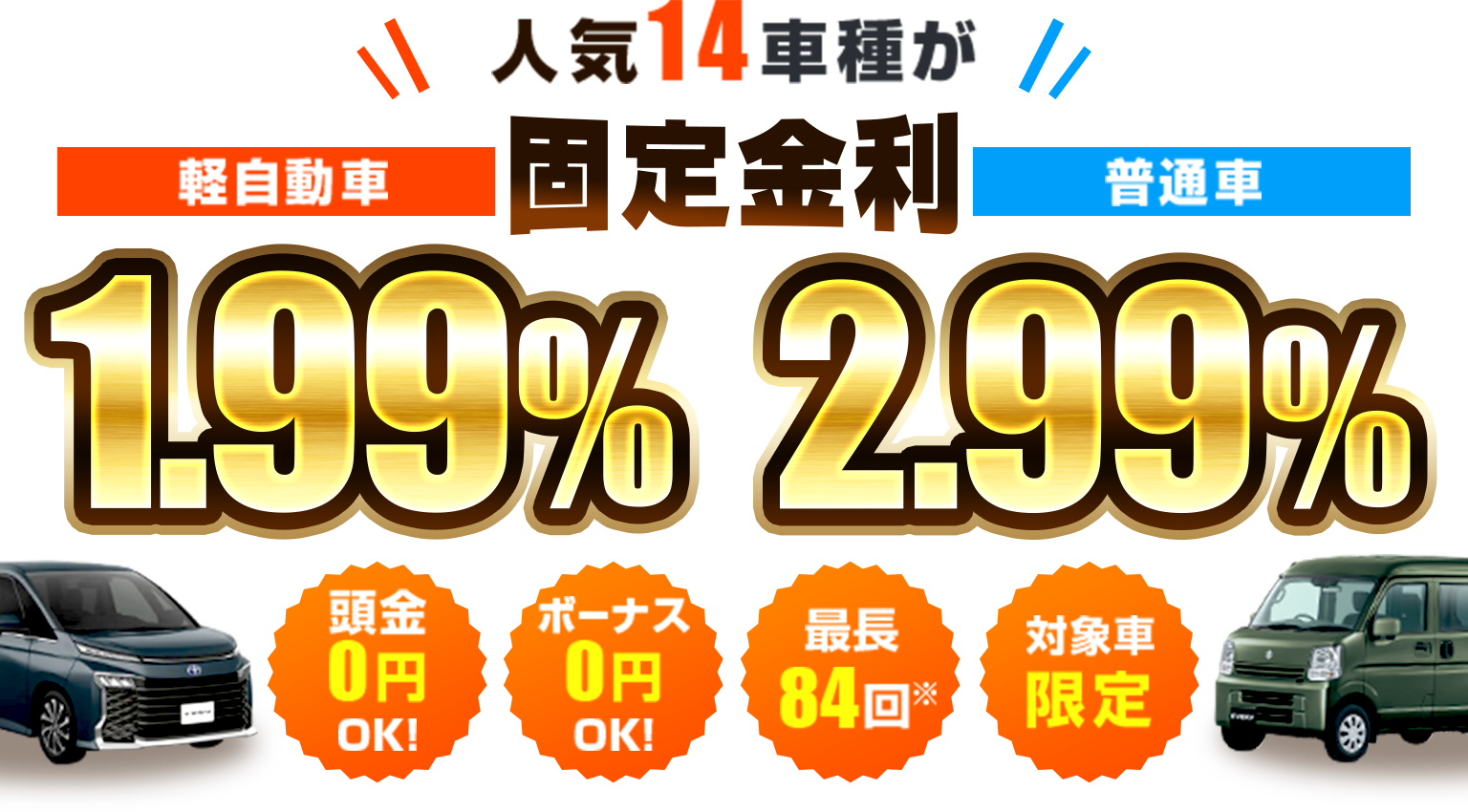 人気14車種が固定金利 軽自動車1.99% 普通車2.99%